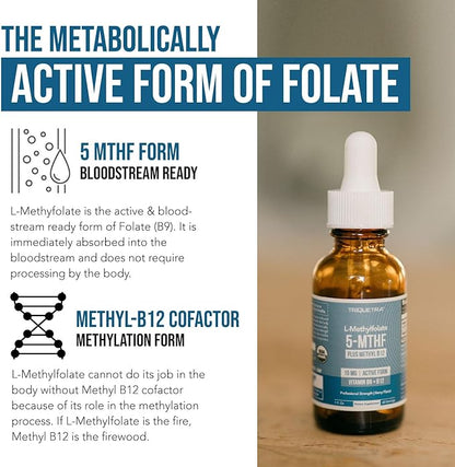 L Methyl Folate 15mg Plus Methyl B12 Cofactor – Organic, Berry Flavor, Professional Strength, Liquid Sublingual, Active 5-MTHF Form - Supports Mood, Homocysteine Methylation, Cognition (1oz)