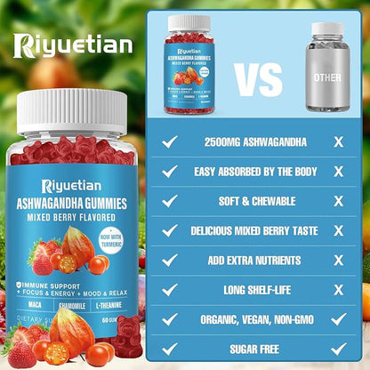 Ashwagandha Gummies for Women & Men - Stress Relief, Immune Support & Increased Energy - Ashwagandha Supplements for Men & Women - Natural Strawberry Flavor (60 Count)