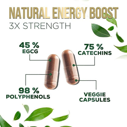 Green Tea Extract Capsules 1000mg 98% Standardized EGCG - 3X Strength for Natural Energy - Heart Support with Polyphenols - Gentle Caffeine - 60 Capsules
