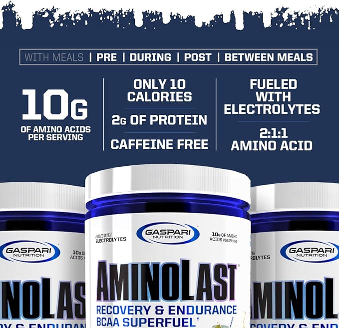 Gaspari Nutrition Aminolast, Recovery and Endurance BCAA Superfuel, 2:1:1 Amino Acid Ratio, Fueled with Electrolytes (30 Servings, Kiwi Strawberry)