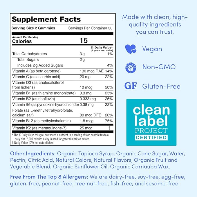 FIRST DAY Kids Daily Multivitamin Gummies – Vitamin A, D3, B6, B12, C, K2 & More to Support Growth, Brain Function, Immunity – Made w/Organic Fruits & Veggies, Only 2g Sugar – 30 Day Supply