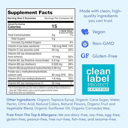 FIRST DAY Kids Daily Multivitamin Gummies – Vitamin A, D3, B6, B12, C, K2 & More to Support Growth, Brain Function, Immunity – Made w/Organic Fruits & Veggies, Only 2g Sugar – 30 Day Supply