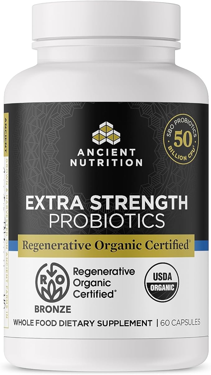 Ancient Nutrition Regenerative Organic Certified Probiotics, Extra Strength Probiotics, for Healthy Digestion and Immune System Function Support, 50 Billion CFUs* Per Serving, 60 Count