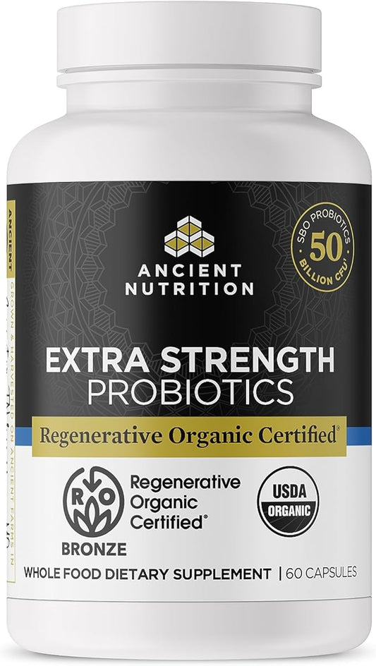 Ancient Nutrition Regenerative Organic Certified Probiotics, Extra Strength Probiotics, for Healthy Digestion and Immune System Function Support, 50 Billion CFUs* Per Serving, 60 Count