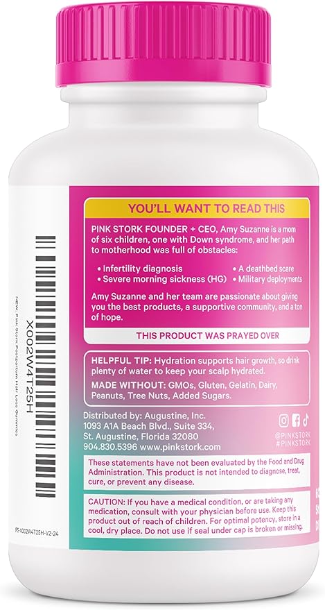 Pink Stork Postpartum Hair Loss Gummies - Biotin with Vitamin E, Pantothenic Acid, B6 & B12 for Beautiful & Strong Hair, Skin, and Nails - Postpartum Essentials for New Moms - 60 Gummy Vitamins