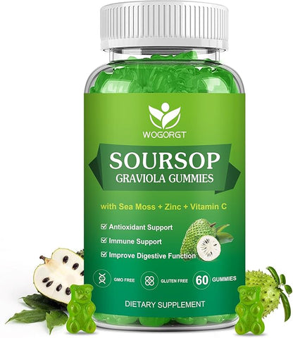 Soursop Graviola Gummies - Soursop Multivitamin Gummies with 200mg Sea Moss Extract for Antioxidant, Cell Support & Regeneration, Immune Support, Vegan, Apple Flavor - 60 Gummies