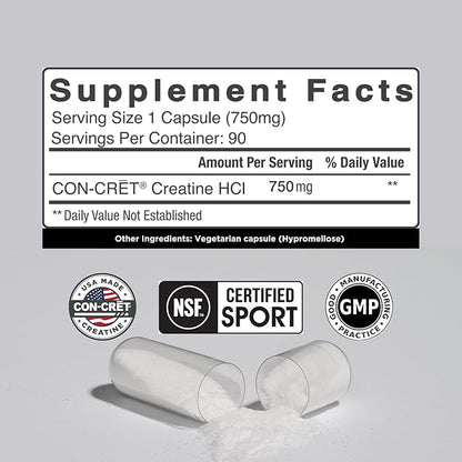 Creatine HCl Capsules | Muscle, Cognitive, Cellular Energy Support | No Bloating or Cramps | USA Made & NSF Certified | Creatine Pills (90 ct)