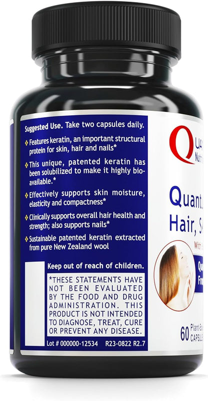 Quantum Nutrition Labs Hair Skin and Nails - Keratin Supplement, Hair Growth Supplement for Women & Men with Magnesium, Calcium, Beauty from Within for Hair, Skin and Nails - 60 Vegetarian Capsules