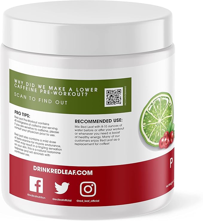 Red Leaf Pre Workout Energizer Powder, BCAA's, Beta-Alanine, Amino Acids and Green Tea for Immune Support and Preworkout Energy, Natural Cranberry Lime Flavor - 30 Servings