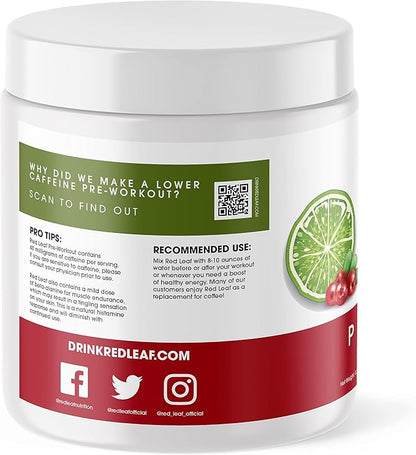 Red Leaf Pre Workout Energizer Powder, BCAA's, Beta-Alanine, Amino Acids and Green Tea for Immune Support and Preworkout Energy, Natural Cranberry Lime Flavor - 30 Servings