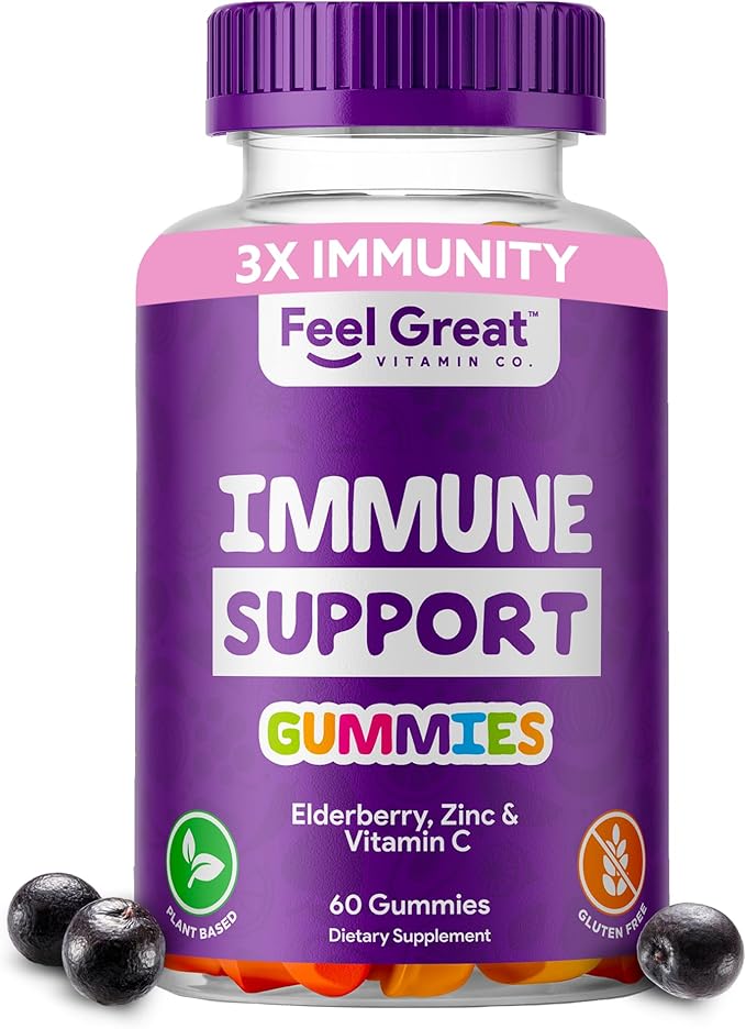 Feel Great Immunity Support Gummies with Elderberry, Zinc and Vitamin C | Sambucus Nigra Supplement | 60 Gummies
