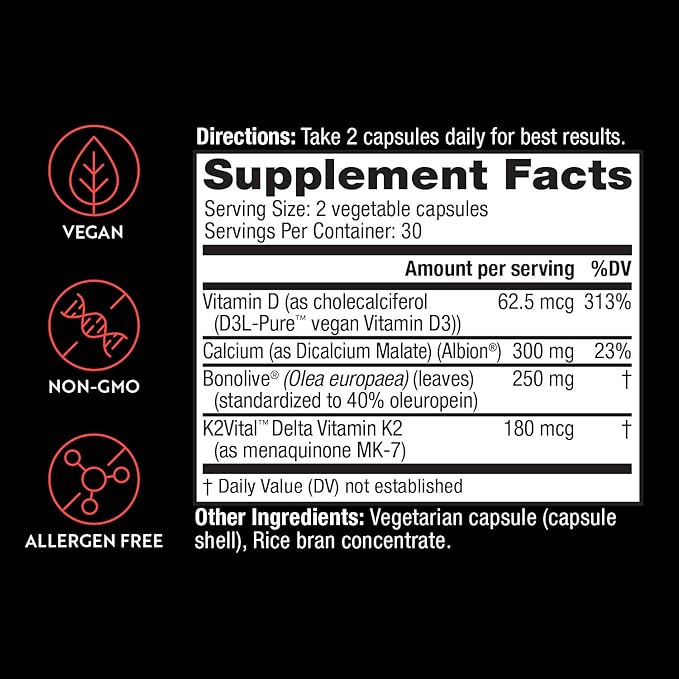 Osteo Plus 4-in-1 Comprehensive Bone Support Supplement - Calcium with Vitamin D3, K2 and Bonolive - Supports Joints, Bone Density and Strength - Gluten-Free, Non-GMO, Vegan (60 Count)