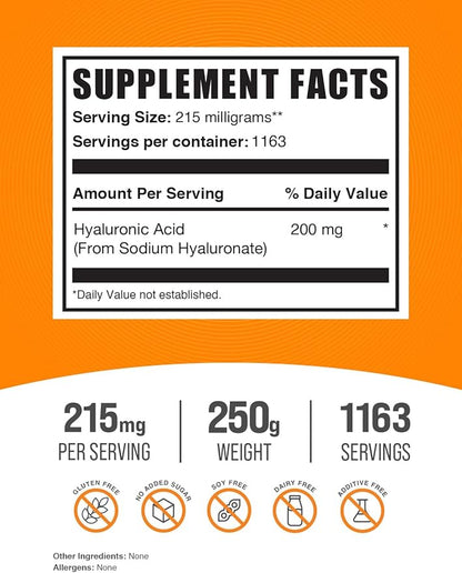 BulkSupplements.com Hyaluronic Acid Powder - Hyaluronic Acid Supplements, Hyaluronic Acid 215mg - Hyaluronic Acid Food Grade, Gluten Free - 215mg per Serving, 250g (8.8 oz) (Pack of 1)