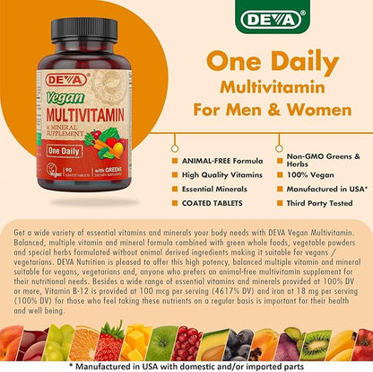 DEVA Vegan Multivitamin and Mineral Supplement - Once-Per-Day Formula with Greens - Vitamins A, C, D, E, B Complex, High-Potency Formulation for Daily Health and Wellness- 90 Coated Tablets, 1-Pack