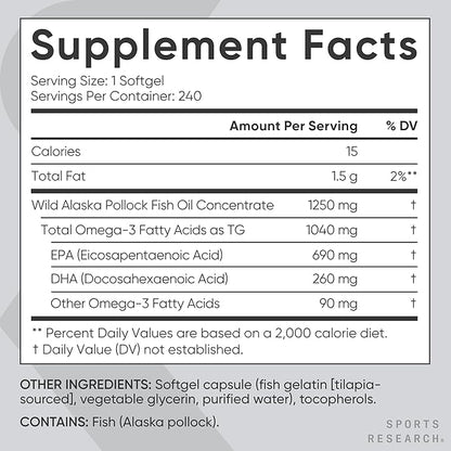 Sports Research Triple Strength Omega 3 Fish Oil - Burpless Fish Oil Supplement w/EPA & DHA Fatty Acids from Wild Alaskan Pollock - Heart, Brain & Immune Support for Men & Women - 1250 mg, 240 ct