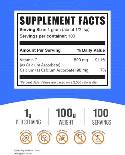 BulkSupplements.com Calcium Ascorbate Powder - Buffered Vitamin C, Calcium Supplement Powder, Vitamin C Supplement - Gluten Free, 1000mg per Serving, 100 Servings, 100g (3.5 oz)