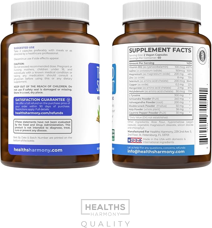 Thyroid Support with Iodine - 120 Capsules (Non-GMO) Improve Your Energy - Ashwagandha Root, Zinc, Selenium, Vitamin B12 Complex - Thyroid Health Supplement for Women and for Men - 60 Day Supply