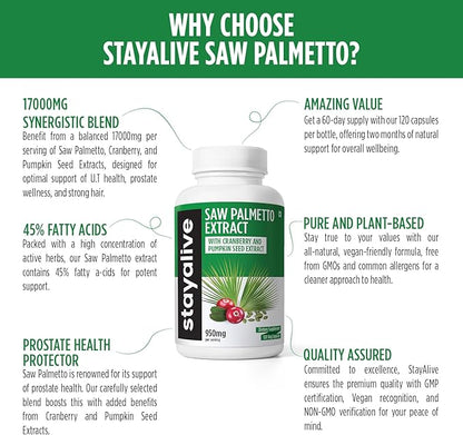 STAY ALIVE Saw Palmetto Extract Capsules, Equivalent to 17000MG, Blend with Cranberry & Pumpkin Seed, 120 Vegan Pills for U.T, Prostate & Wellness Support