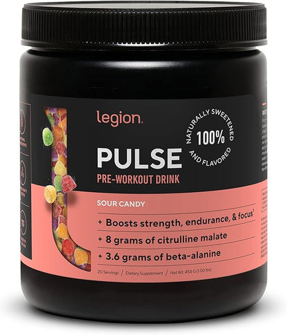 LEGION- All Natural Nitric Oxide Preworkout Drink to Boost Energy, Creatine Free, Naturally Sweetened, Beta Alanine, Citrulline, Alpha GPC (Sour Candy)