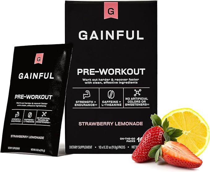 Gainful Pre Workout Powder with Natural Caffeine & L Theanine for Energy & Focus, L Citrulline & Beta Alanine for Endurance, BCAA's for Muscle Recovery, Vegan, Strawberry Lemonade, 10 Ct