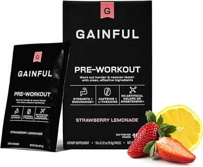 Gainful Pre Workout Powder with Natural Caffeine & L Theanine for Energy & Focus, L Citrulline & Beta Alanine for Endurance, BCAA's for Muscle Recovery, Vegan, Strawberry Lemonade, 10 Ct