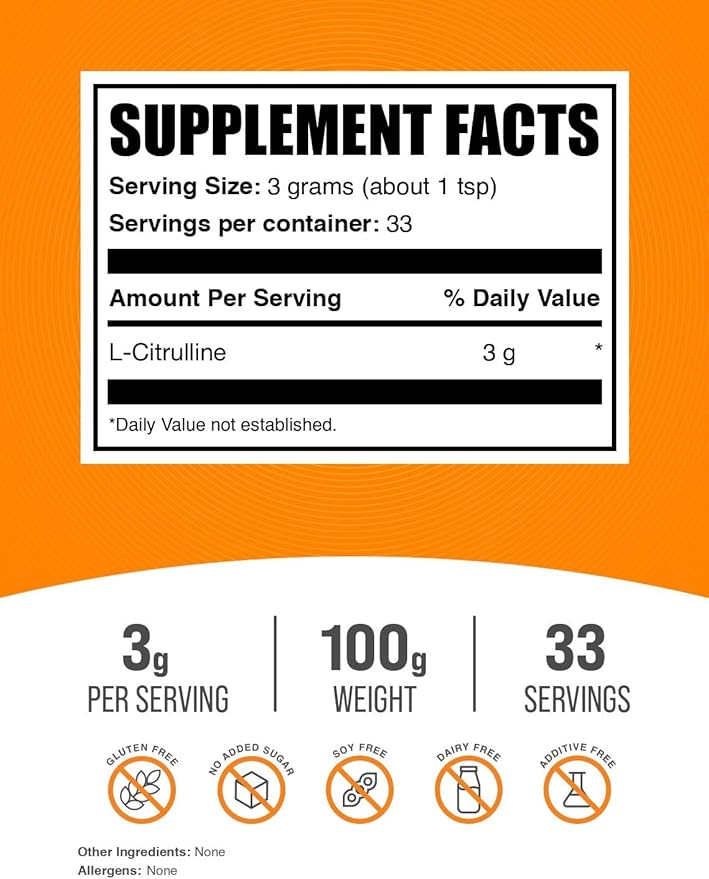 BulkSupplements.com L-Citrulline Powder - Citrulline Supplement, Citrulline Powder - L-Citrulline 3000mg, Unflavored & Gluten Free - 3g per Servings, 100g (3.5 oz) (Pack of 1)