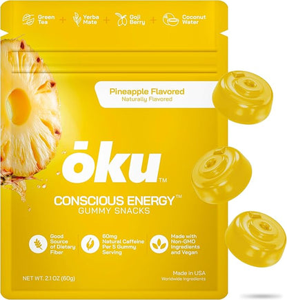 ōku Conscious Energy Gummy Snacks – Natural Caffeine from Green Tea & Yerba Mate, Vegan, Clean Ingredients, Gluten-Free, Focused Energy, Antioxidants & Fiber, Pineapple Pack of 12
