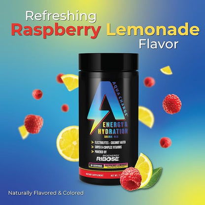 Grab The Gold Aqua Charge Energy & Hydration Drink Mix with Electrolytes (1 Bottle = 30 Servings) Raspberry Lemonade Flavor, Pre/Post Workout Recovery, Sugar-Free, Gluten-Free