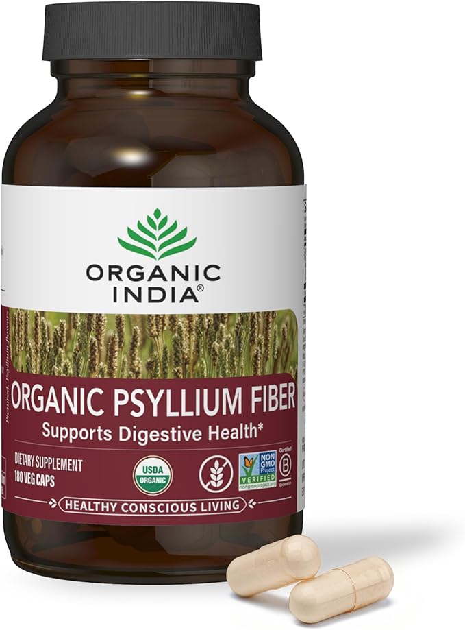 ORGANIC INDIA Psyllium Husk Capsules - Fiber Supplement, Healthy Elimination - Vegan, Keto, Gluten-Free, USDA Certified Organic, Non-GMO, Soluble & Insoluble Fiber Source - 180 Count (Pack of 2)