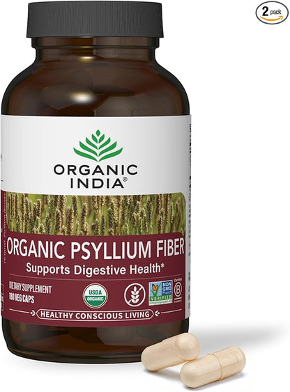 ORGANIC INDIA Psyllium Husk Capsules - Fiber Supplement, Healthy Elimination - Vegan, Keto, Gluten-Free, USDA Certified Organic, Non-GMO, Soluble & Insoluble Fiber Source - 180 Count (Pack of 2)