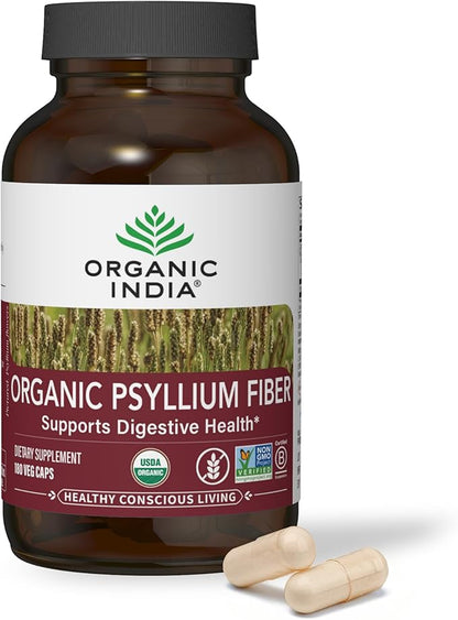ORGANIC INDIA Psyllium Husk Capsules - Fiber Supplement, Healthy Elimination - Vegan, Keto Friendly, Gluten-Free, USDA Certified Organic, Non-GMO, Soluble & Insoluble Fiber Source - 180 Count