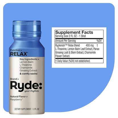 Ryde: Relax Shot | Raspberry Flavor | Lemon Balm, L-Theanine, Ginseng & Chamomile | 0 Calories, 0 Sugar | 2 FL OZ Shots | Helps You Relax* (8 Pack)