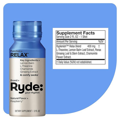 Ryde: Relax Shot | Raspberry Flavor | Lemon Balm, L-Theanine, Ginseng & Chamomile |0 Calories, 0 Sugar | 2 FL OZ Shots | Helps You Relax* (24 Pack)