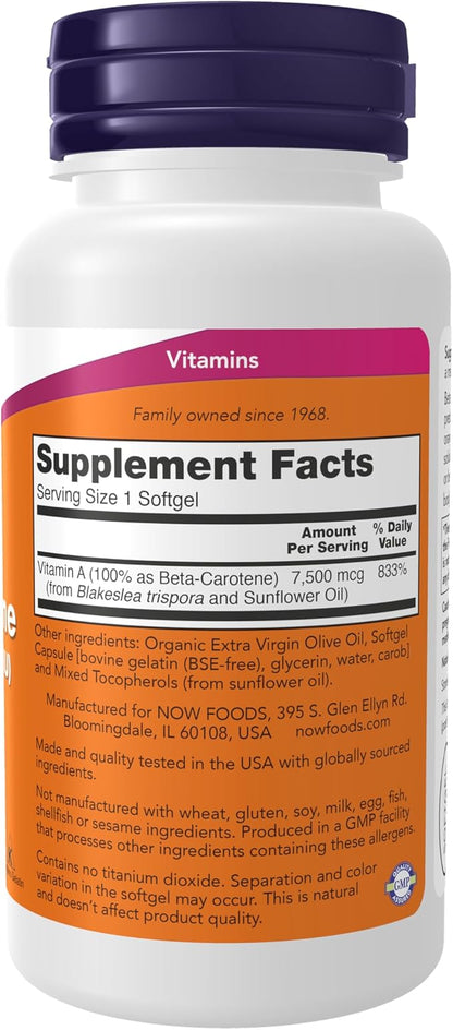 NOW Foods Supplements, Natural Beta Carotene 25,000 IU, Essential Nutrition, 90 Softgels