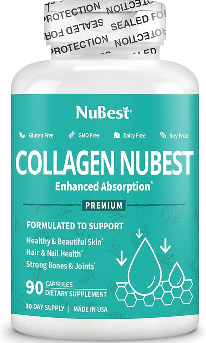 NuBest Collagen Super Collagen Peptides - Revitalizes Skin, Hair & Nails - Bone & Joint Strength - Beauty Collagen Formula for Men & Women - 1,500 mg Per Serving - 90 Capsules | 1 Month Supply