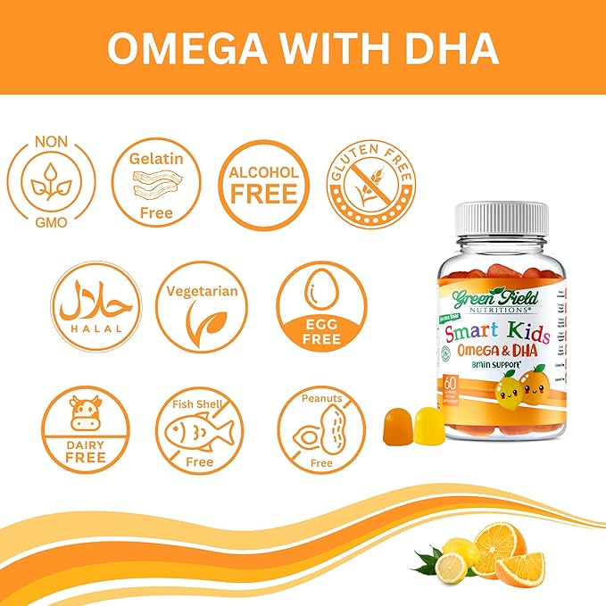 Greenfield Nutritions Smart Kids Halal Omega 3 Gummies with DHA - 60 Halal Vitamins for Kids, Supports Brain & Immune Health - Vegan, Non-GMO, Gluten, Gelatin-Free and Peanut-Free Halal Gummy Vitamins