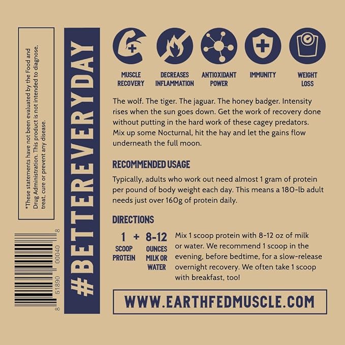 Earth Fed Muscle Nocturnal Casein/Whey Protein Blend. Helps Keep You Full, Overnight Muscle Recovery, Rich Dark Chocolate Flavor - 18g Protein, 23 Servings - Sugar Free, Keto, Soy Free, Gluten Free.