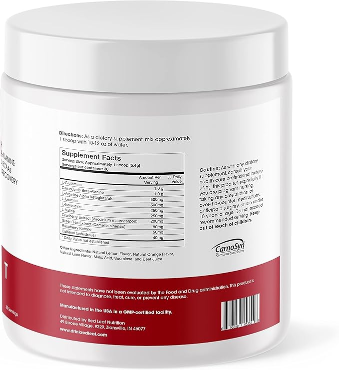 Red Leaf Pre Workout Energizer Powder, BCAA's, Beta-Alanine, Amino Acids and Green Tea for Immune Support and Preworkout Energy, Natural Cranberry Lime Flavor - 30 Servings