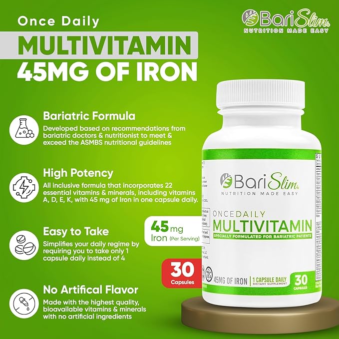 BariSlim Once Daily Bariatric Multivitamin Capsule - 45mg of Iron - Bariatric Vitamin & Supplement for Post Bariatric Surgery Including Gastric Bypass & Gastric Sleeve | 30-Day Supply