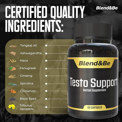 Blend&Be Testo Support | All-in-ONE Herbal Dietary Supplement | Tongkat Ali, Fenugreek, Ginseng, Maca, Ashwagandha, Spirulina Tribulus,Black Seed and Cinnamon.+ ★Free E-Book ★