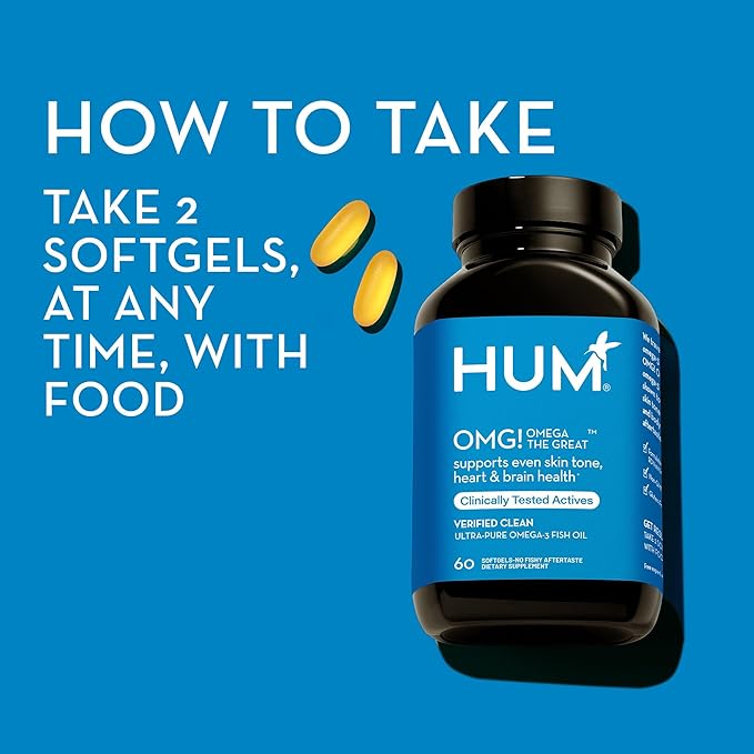 HUM OMG! Omega The Great - Triple Omega 3 Fish Oil Supplement with DHA, EHA & Vitamin E to Support Bright & Even Skin Tone - Gluten Free & Non-GMO (60-Count)