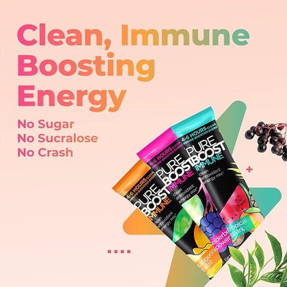 Pureboost Immune Clean Energy Booster, Refreshing Energy Drink Mix and Immunity Supplement with Elderberry, 1,200 mg Vitamin C, Vitamins A + D, and Zinc. Sugar-Free Energy (Combo Pack, 30 Count)