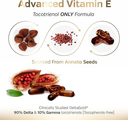 Sunergetic Premium Annatto Tocotrienol Supplement – with DeltaGold – Tocotrienols Vitamin E 300 mg – Supports Liver, Immune & Heart Health - Delta + Gamma Tocotrienols (60 Liquid Capsules)