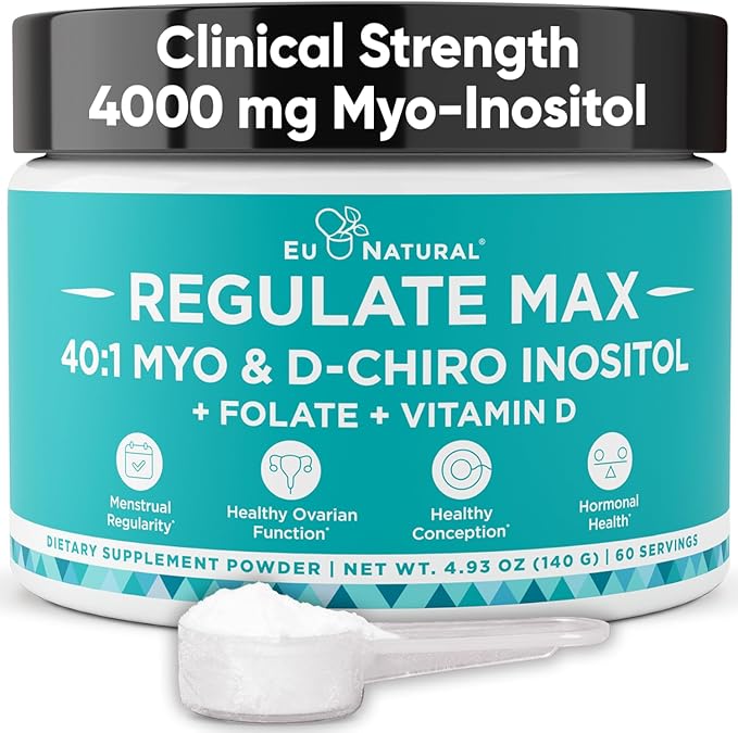 Eu Natural Regulate MAX Myo-Inositol & D-Chiro Inositol Supplement Powder for Women with Vitamin D & Folate PCOS Nutritional Support, Hormone Balance & Fertility Support, Unflavored 60 Servings