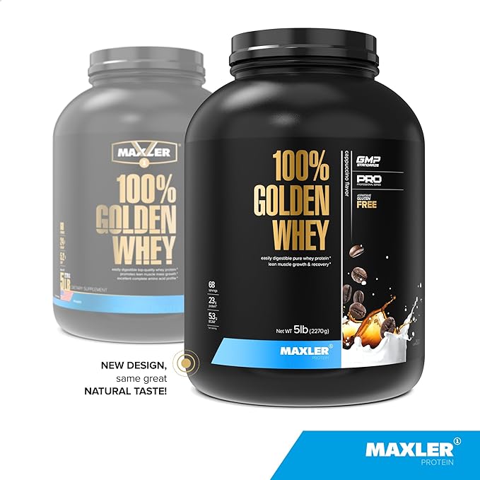 Maxler 100% Golden Whey Protein - 23g of Premium Whey Protein Powder per Serving - Pre, Post & Intra Workout Recovery - Fast-Absorbing Whey Hydrolysate, Isolate & Concentrate Blend - Cappuccino 5 lbs