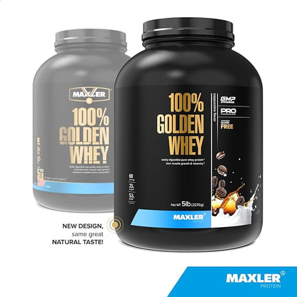 Maxler 100% Golden Whey Protein - 23g of Premium Whey Protein Powder per Serving - Pre, Post & Intra Workout Recovery - Fast-Absorbing Whey Hydrolysate, Isolate & Concentrate Blend - Cappuccino 5 lbs