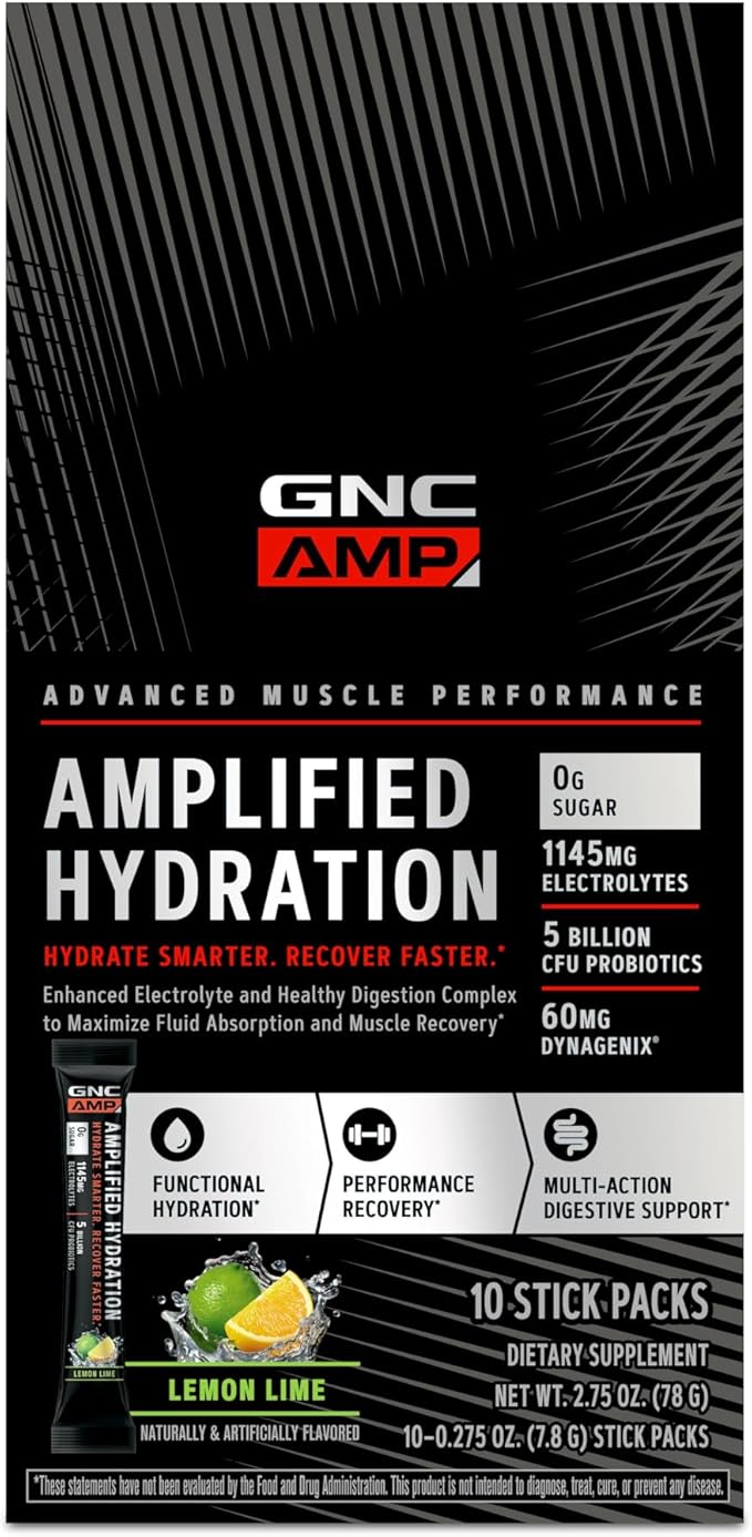 GNC AMP Amplified Hydration Electrolyte Powder Drink Mix | Enhanced Electrolyte & Healthy Digestion Complex | Lemon Lime | 10 Count
