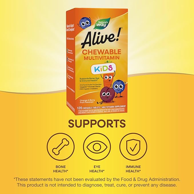 Nature's Way Alive! Children's Daily Chewable Multivitamin, Supports Bone, Eye, and Immune Health*, Orange & Berry Fruit Flavored, Gluten Free, 120 Chewable Tablets (Packaging May Vary) (Pack of 2)
