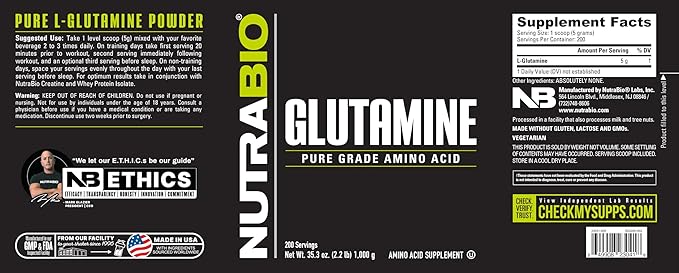 NutraBio Pure L-Glutamine Powder - L-Glutamine Supplement- Amino Acid - Pure Grade: Absolutely no Additives, Fillers or Excipients! - Muscle Recovery Supplement - (1000 Grams)