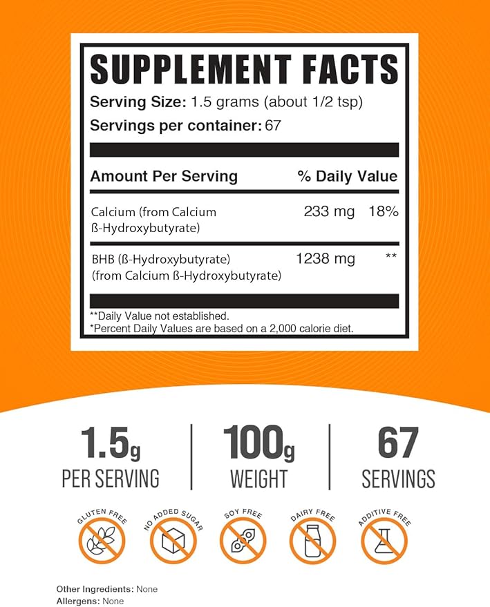 BulkSupplements.com Calcium BHB Powder - Beta-HydroxyButyrate Powder, BHB Supplement - BHB Salts, Electrolytes Supplement - Unflavored, 1500mg per Serving, 100g (3.5 oz) (Pack of 1)